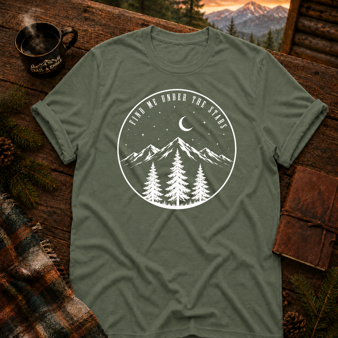 Military Green Gildan 64000 t-shirt with Find Me Under the Stars graphic — Trail & Ember Co. outdoor apparel