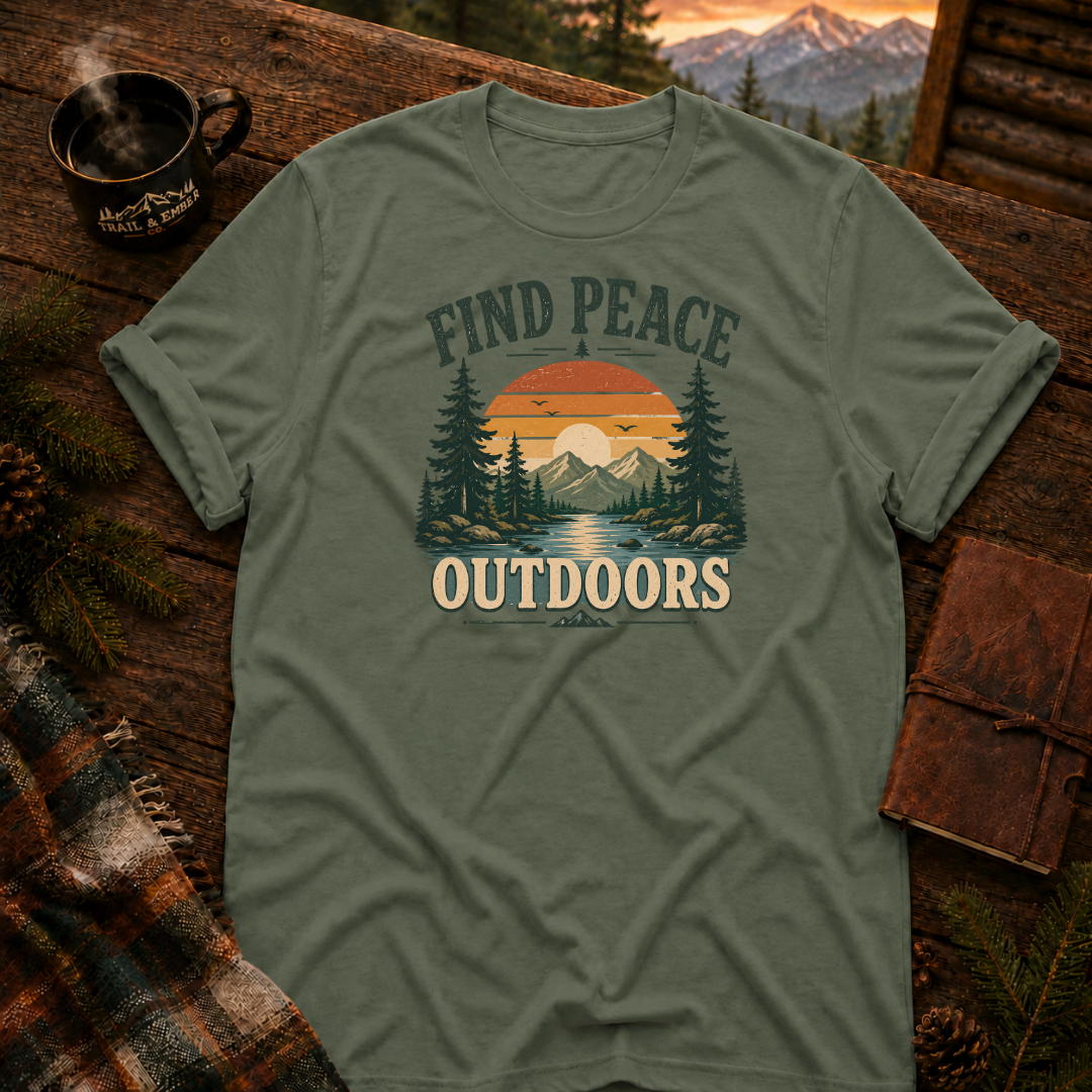 Military Green Gildan 64000 t-shirt with Find Peace Outdoors graphic — Trail & Ember Co. outdoor apparel