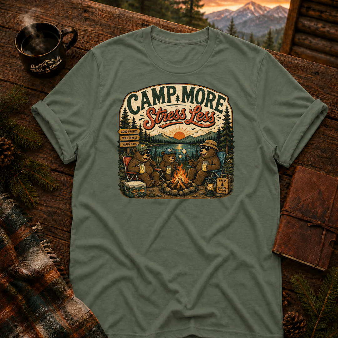 Military Green Gildan 64000 t-shirt with Camp More Stress Less graphic — Trail & Ember Co. outdoor apparel
