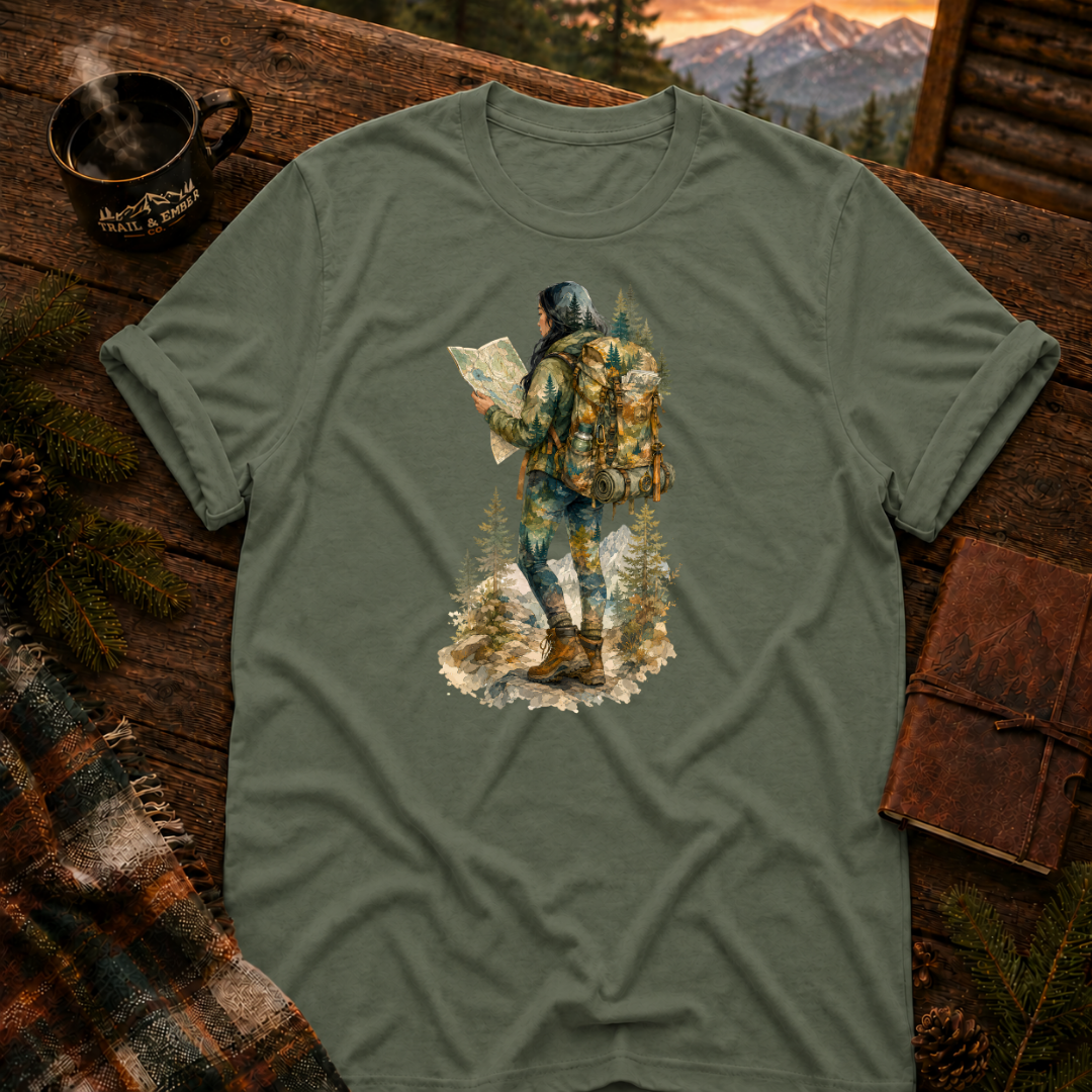 Military Green Gildan 64000 t-shirt with Woman Hiker graphic — Trail & Ember Co. outdoor apparel