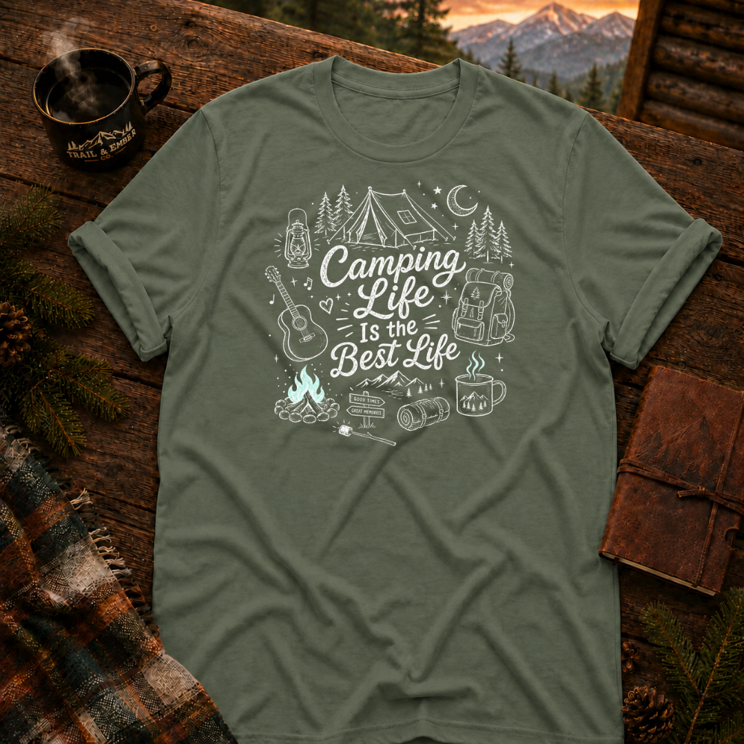Military Green Gildan 64000 t-shirt with Camping Life graphic — Trail & Ember Co. outdoor apparel