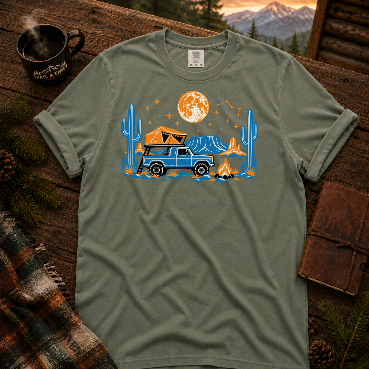 Neon Camp Truck overlanding t-shirt — garment-dyed Comfort Colors 1717, Trail & Ember Co.