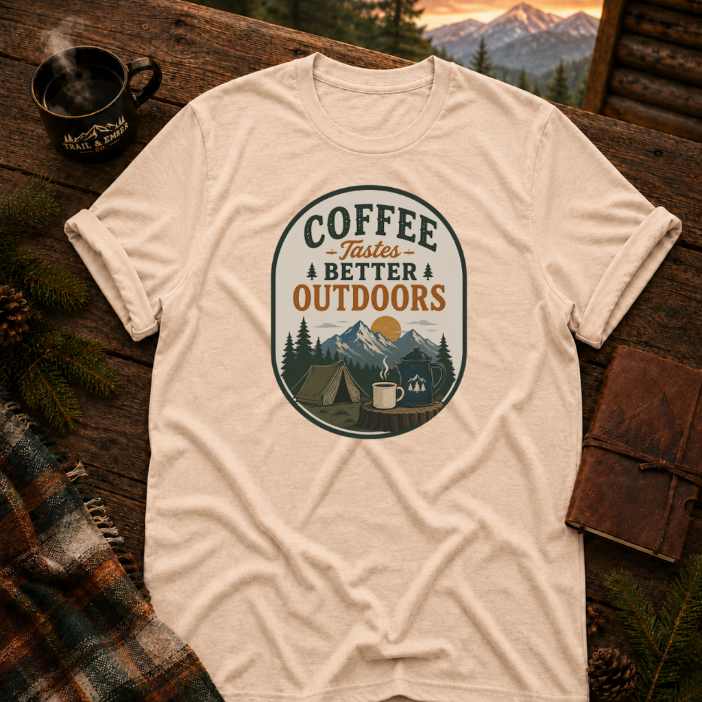 Natural Gildan 64000 t-shirt with Coffee Tastes Better Outdoors Badge graphic — Trail & Ember Co. outdoor apparel