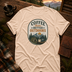 Natural Gildan 64000 t-shirt with Coffee Tastes Better Outdoors Badge graphic — Trail & Ember Co. outdoor apparel