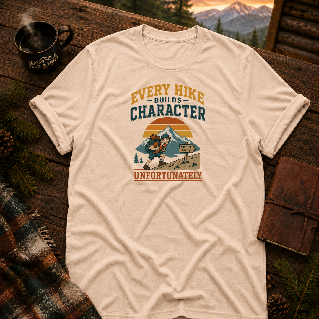 Natural Gildan 64000 t-shirt with Every Hike Builds Character Unfortunately graphic — Trail & Ember Co. outdoor apparel