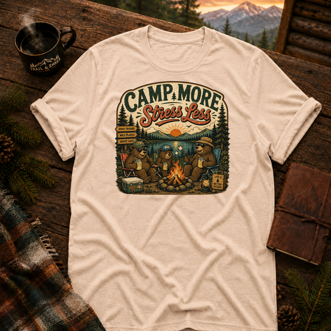 Natural Gildan 64000 t-shirt with Camp More Stress Less graphic — Trail & Ember Co. outdoor apparel