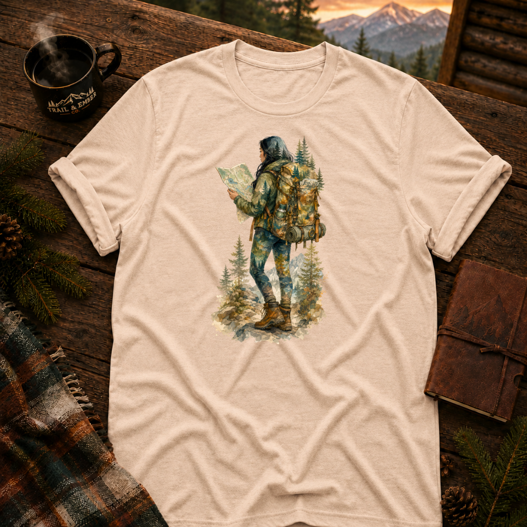 Natural Gildan 64000 t-shirt with Woman Hiker graphic — Trail & Ember Co. outdoor apparel