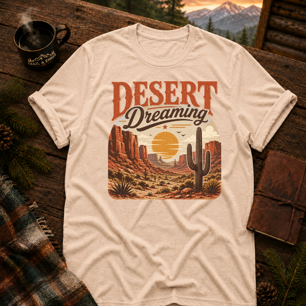Natural Gildan 64000 t-shirt with Desert Dreams graphic — Trail & Ember Co. outdoor apparel