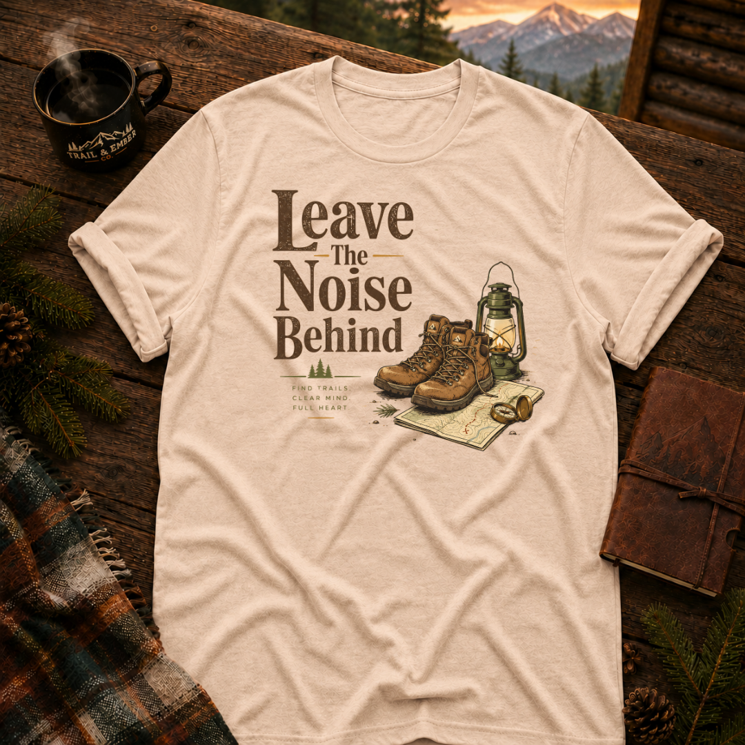 Natural Gildan 64000 t-shirt with Leave the Noise Behind graphic — Trail & Ember Co. outdoor apparel
