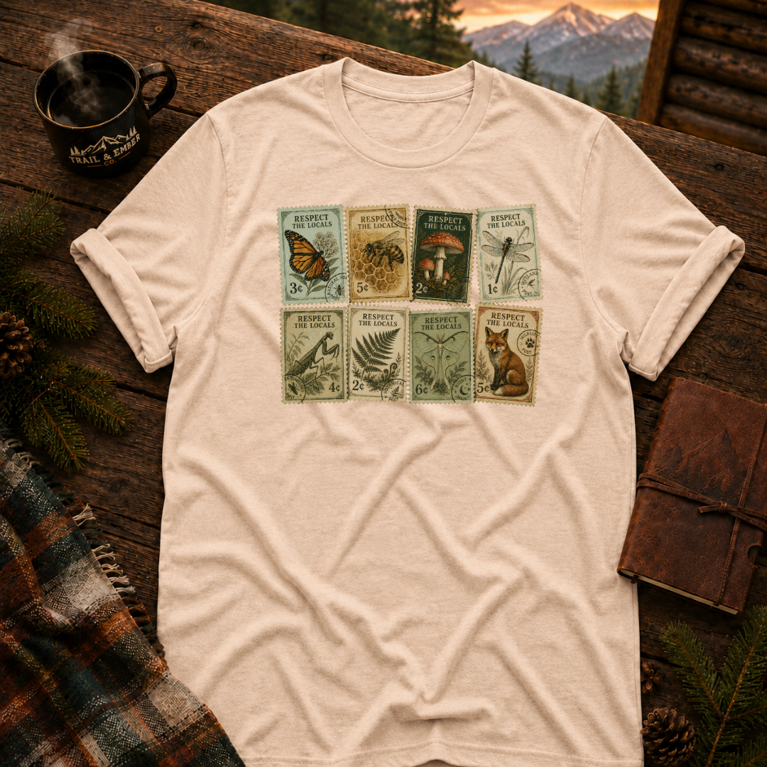 Natural Gildan 64000 t-shirt with Respect the Locals Vintage Stamps graphic — Trail & Ember Co. outdoor apparel