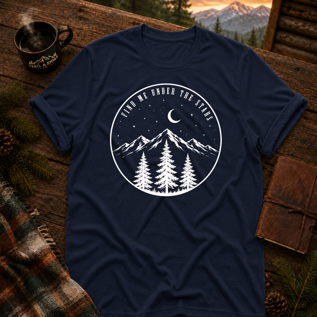 Navy Gildan 64000 t-shirt with Find Me Under the Stars graphic — Trail & Ember Co. outdoor apparel