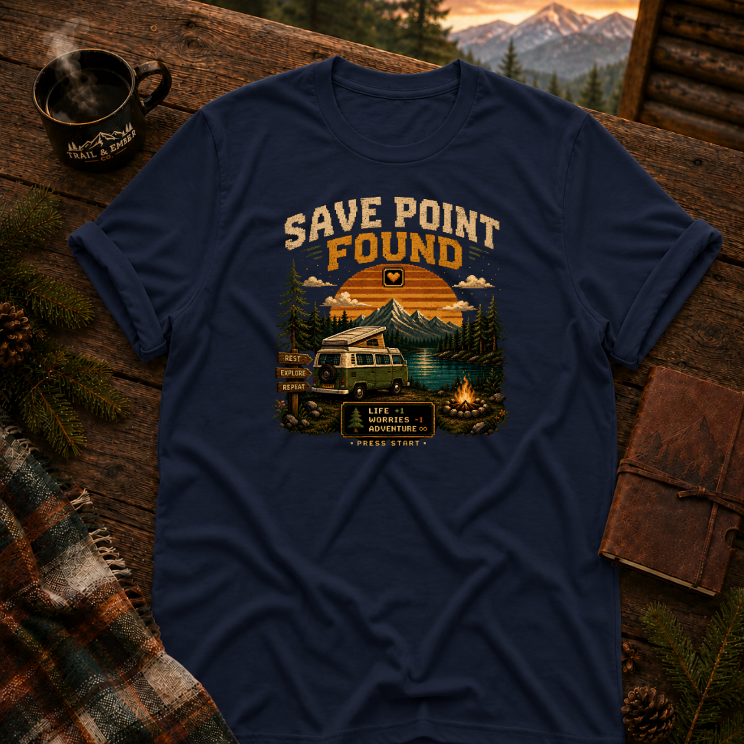 Navy Gildan 64000 t-shirt with Save Point Found graphic — Trail & Ember Co. outdoor apparel