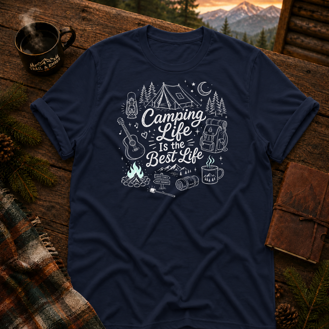 Navy Gildan 64000 t-shirt with Camping Life graphic — Trail & Ember Co. outdoor apparel