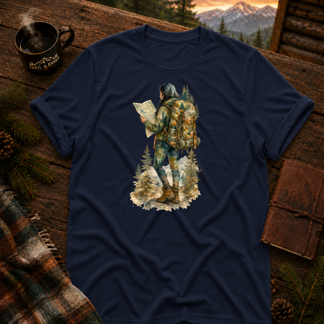 Navy Gildan 64000 t-shirt with Woman Hiker graphic — Trail & Ember Co. outdoor apparel