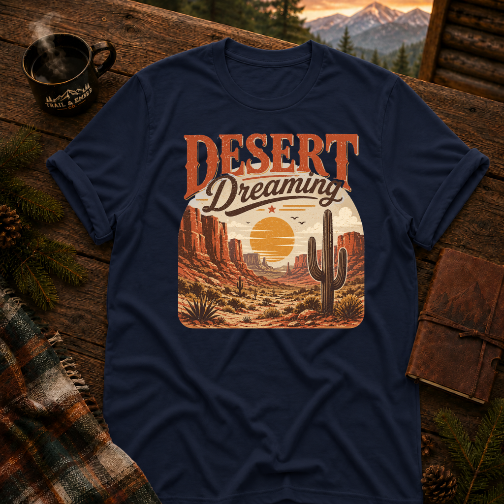 Navy Gildan 64000 t-shirt with Desert Dreams graphic — Trail & Ember Co. outdoor apparel