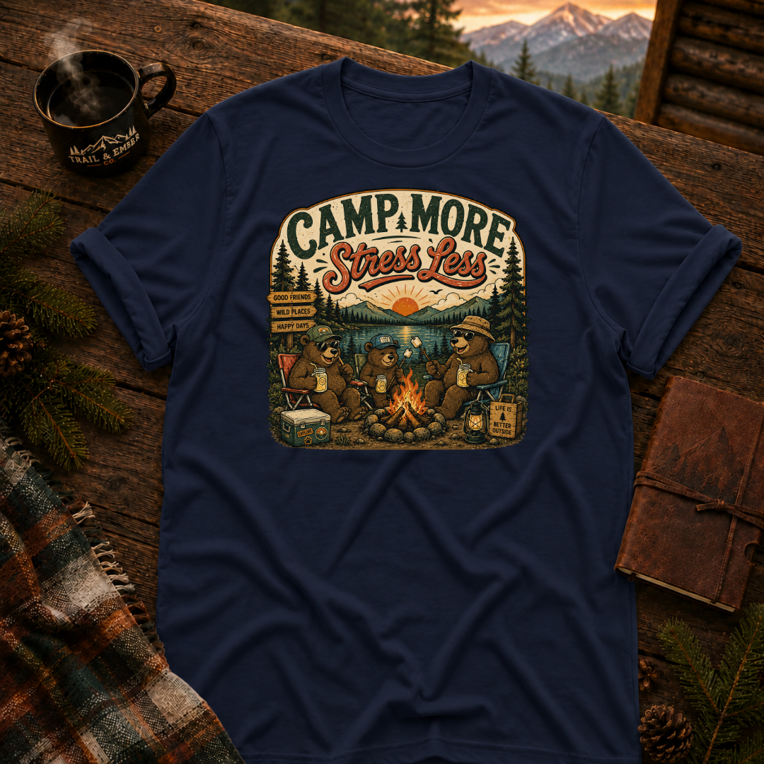 Navy Gildan 64000 t-shirt with Camp More Stress Less graphic — Trail & Ember Co. outdoor apparel
