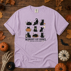 Orchid Comfort Colors t-shirt featuring a circle of cats on a fence line at midnight with eyes catching the porch light, Trail & Ember Co.