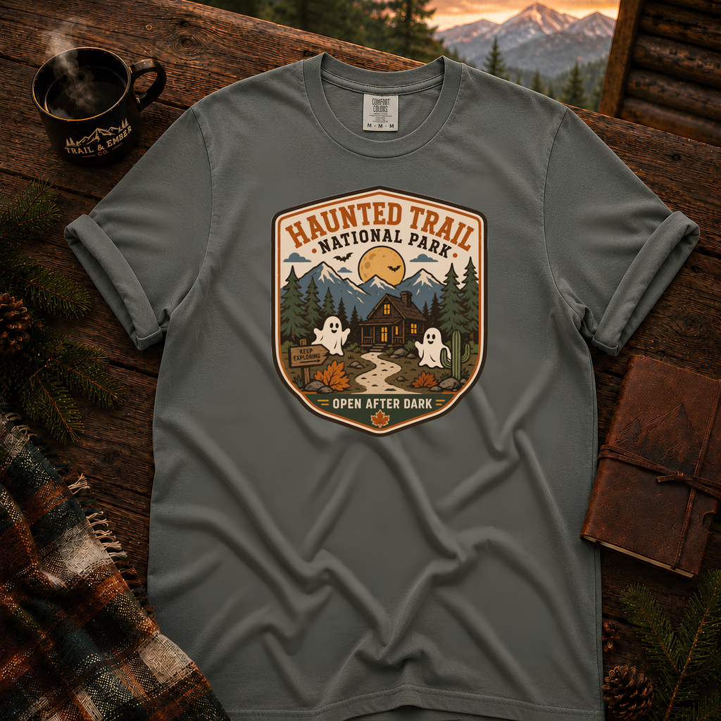 Haunted Trail National Park t-shirt in Pepper — vintage Halloween badge design