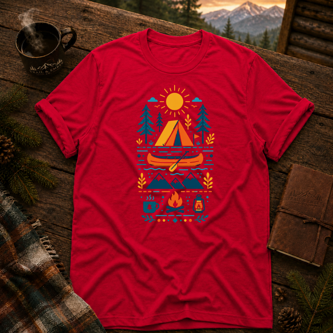 Red Gildan 64000 t-shirt with Camping Icons Collection graphic — Trail & Ember Co. outdoor apparel