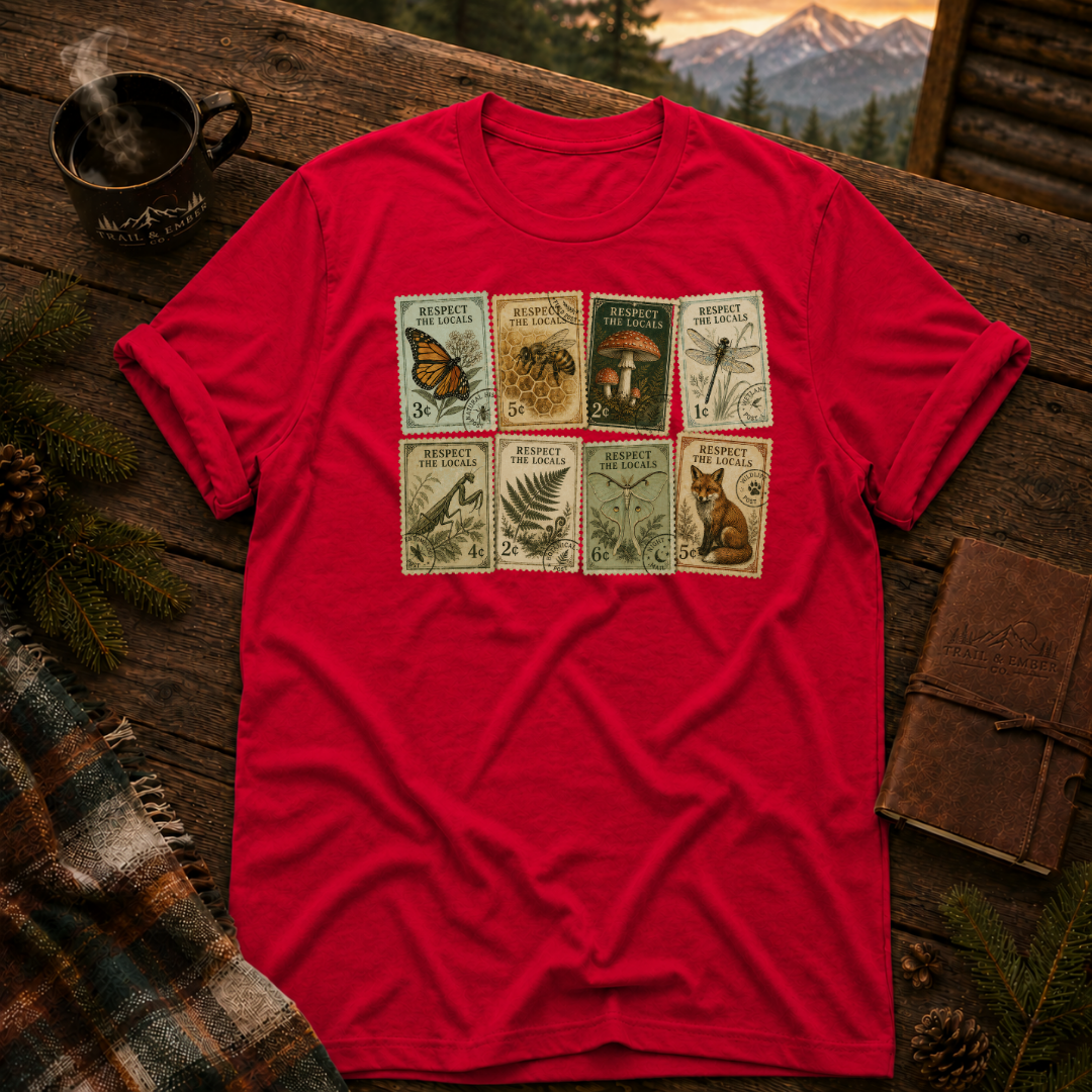 Red Gildan 64000 t-shirt with Respect the Locals Vintage Stamps graphic — Trail & Ember Co. outdoor apparel