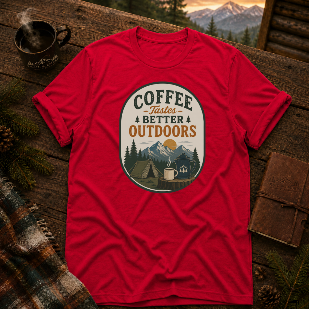 Red Gildan 64000 t-shirt with Coffee Tastes Better Outdoors Badge graphic — Trail & Ember Co. outdoor apparel