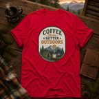 Red Gildan 64000 t-shirt with Coffee Tastes Better Outdoors Badge graphic — Trail & Ember Co. outdoor apparel
