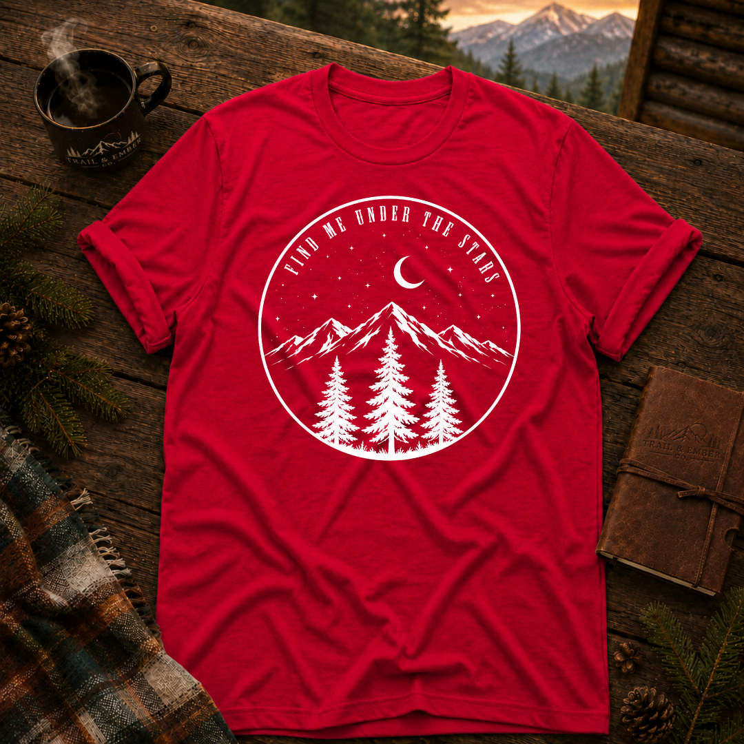 Red Gildan 64000 t-shirt with Find Me Under the Stars graphic — Trail & Ember Co. outdoor apparel