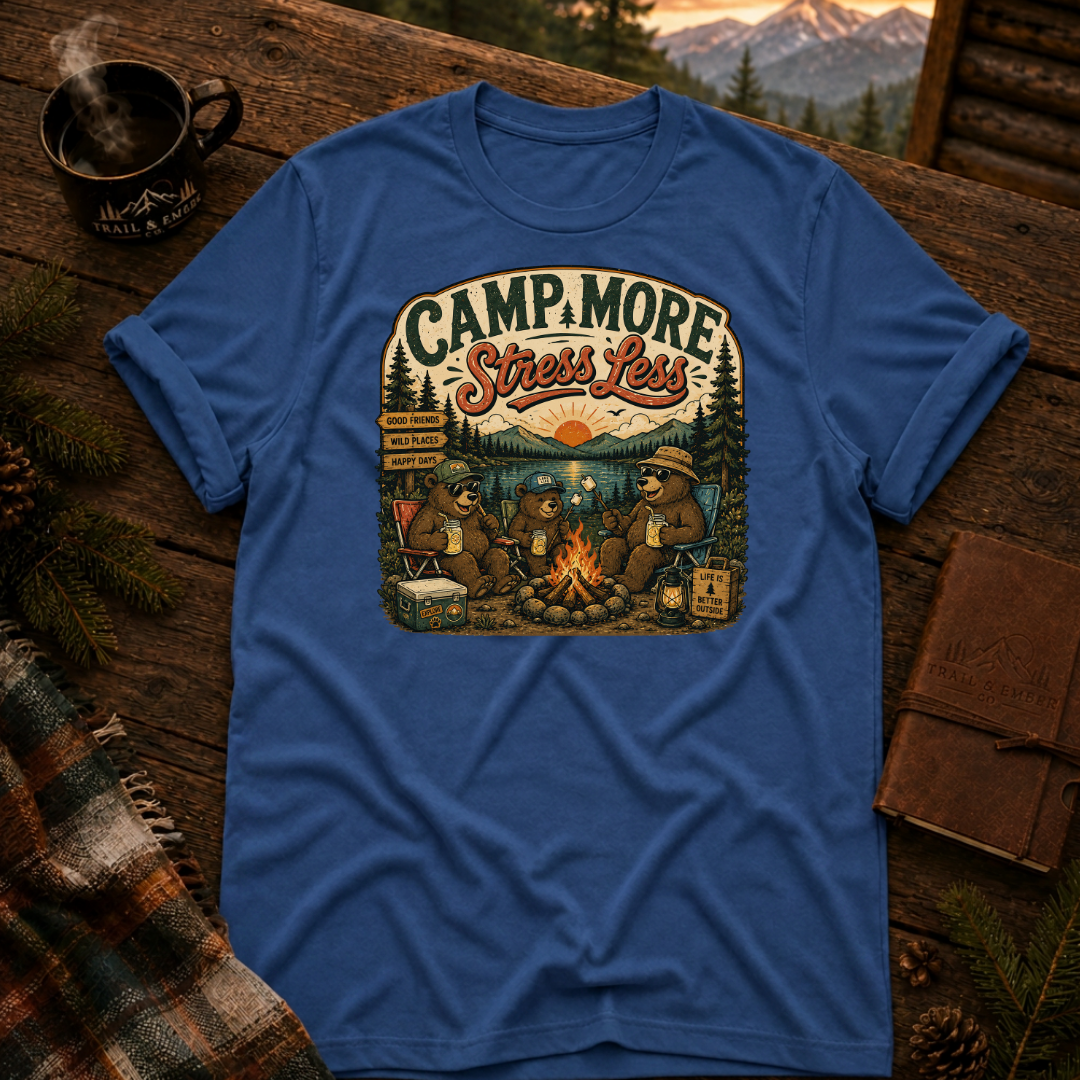 Gildan 64000 t-shirt with Camp More Stress Less graphic — Trail & Ember Co. outdoor apparel