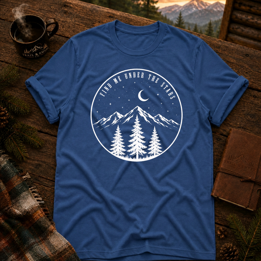 Royal Gildan 64000 t-shirt with Find Me Under the Stars graphic — Trail & Ember Co. outdoor apparel