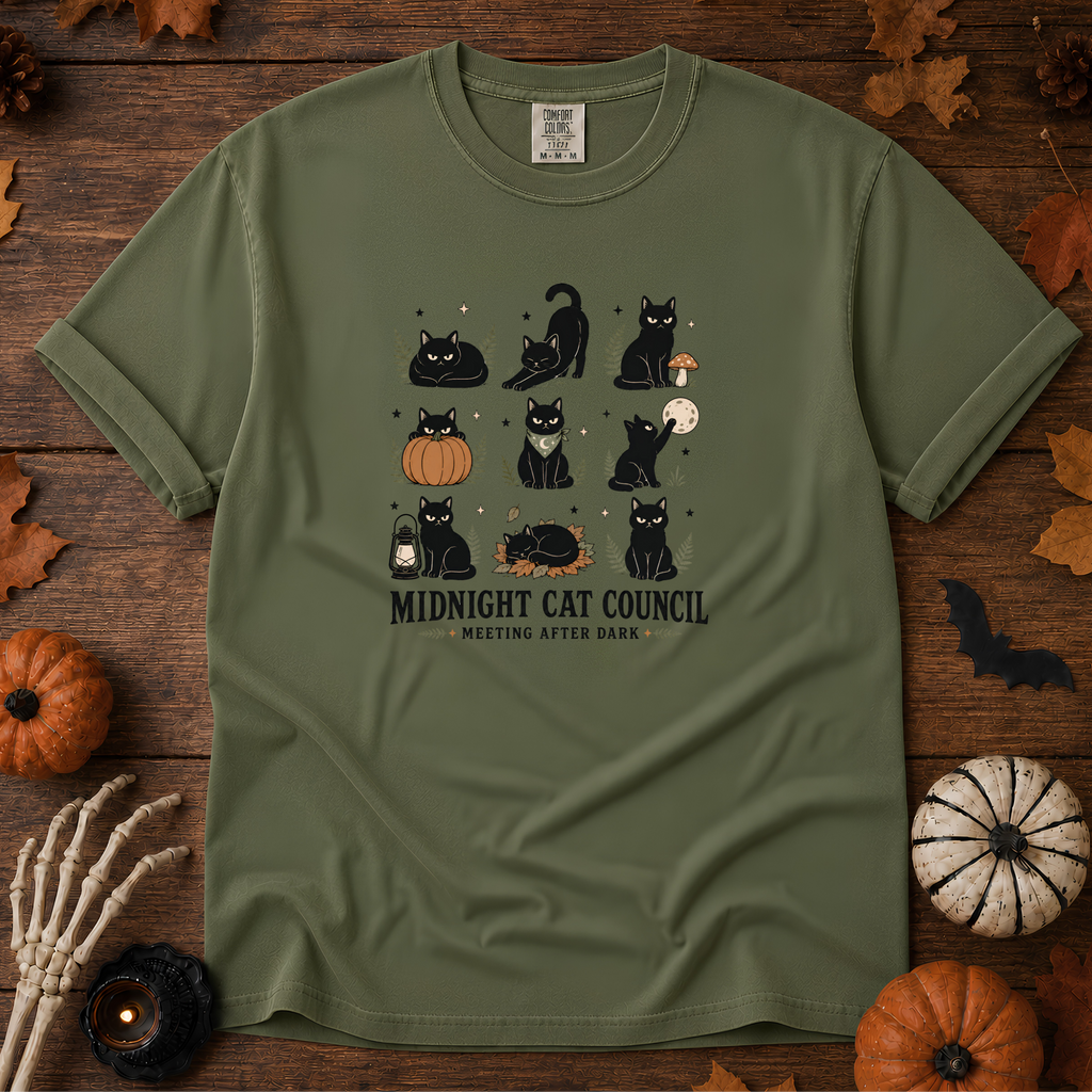 Sage Comfort Colors t-shirt featuring a circle of cats on a fence line at midnight with eyes catching the porch light, Trail & Ember Co.
