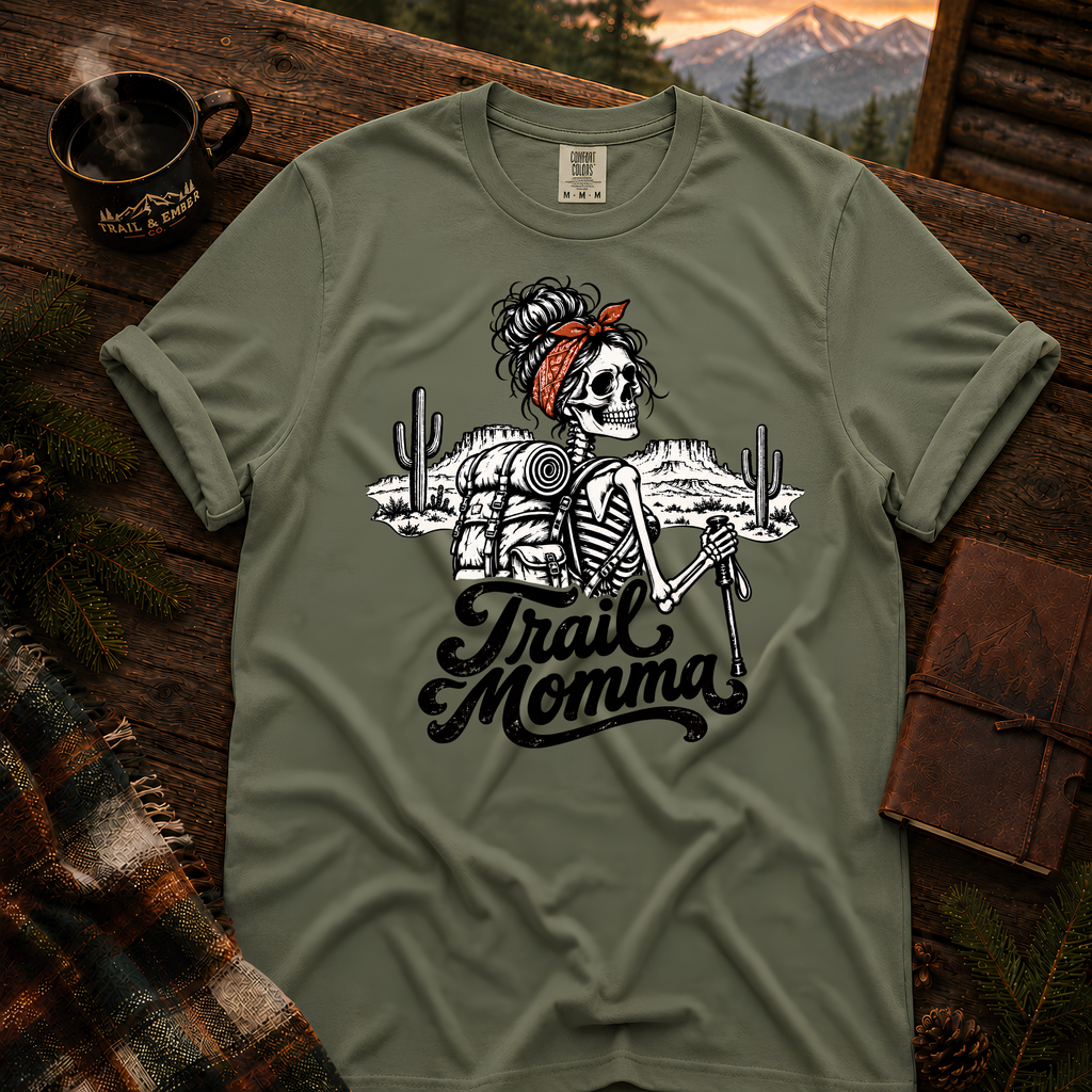 Trail Momma hiking t-shirt in Sage — garment-dyed Comfort Colors 1717, Trail & Ember Co.