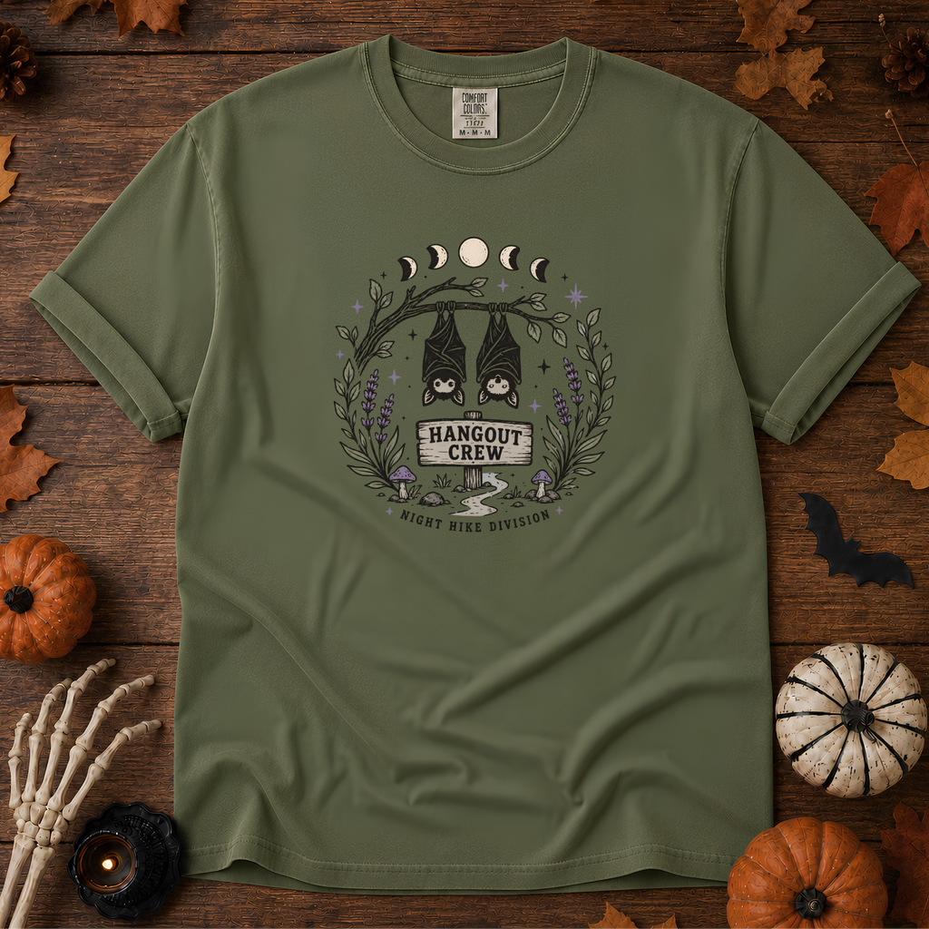 Sage Comfort Colors t-shirt featuring a hammock strung between two trees with boots kicked off underneath, Trail & Ember Co.