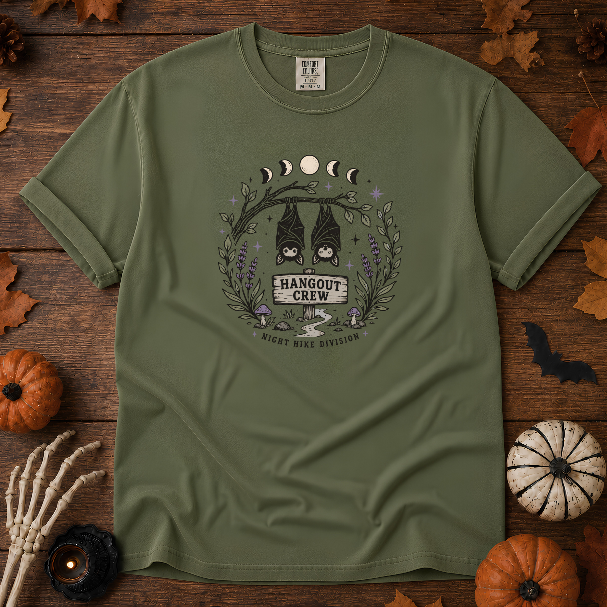 Sage Comfort Colors t-shirt featuring a hammock strung between two trees with boots kicked off underneath, Trail & Ember Co.
