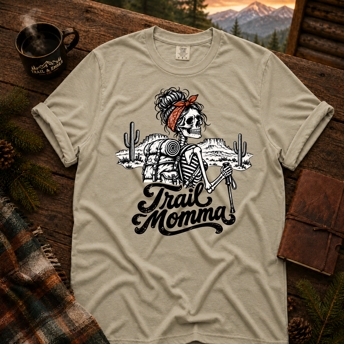 Trail Momma hiking t-shirt in Sandstone — garment-dyed Comfort Colors 1717, Trail & Ember Co.