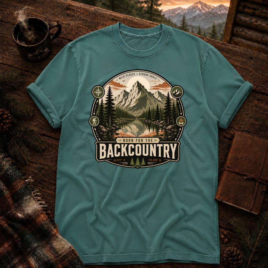 Seafoam Comfort Colors 1717 t-shirt with Born for the Backcountry design — Trail & Ember Co.