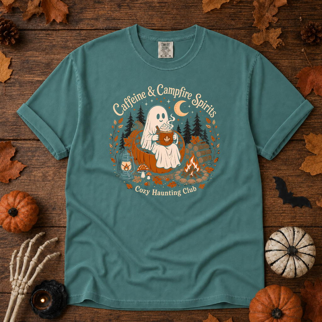 Seafoam Comfort Colors t-shirt featuring a ghost sitting in a pumpkin chair with a steaming mug of cocoa, campfire, lantern, mushrooms and maple leaves, Trail & Ember Co.