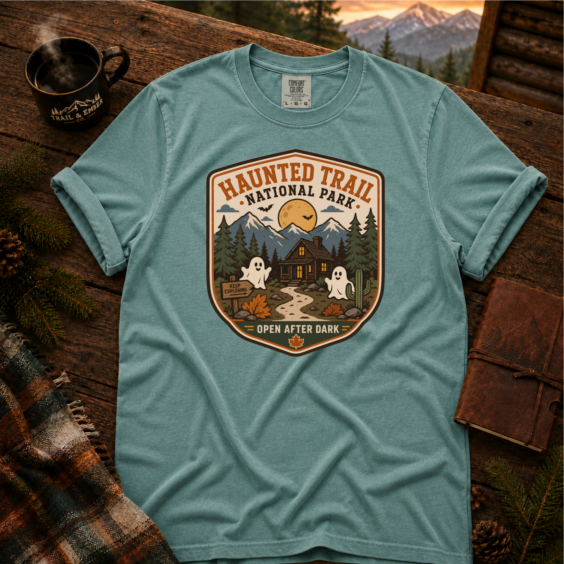 Haunted Trail National Park t-shirt in Seafoam — vintage Halloween badge design