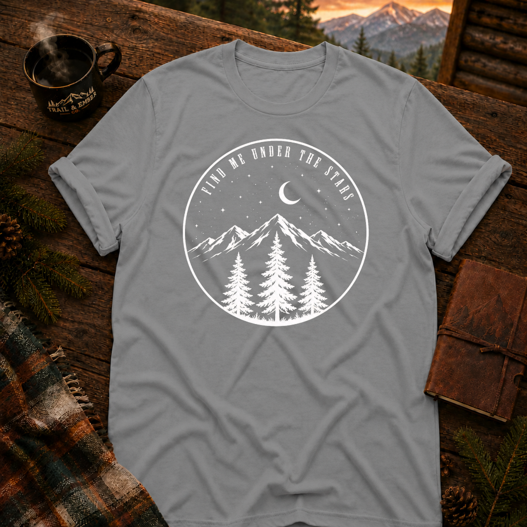 Sport Grey Gildan 64000 t-shirt with Find Me Under the Stars graphic — Trail & Ember Co. outdoor apparel