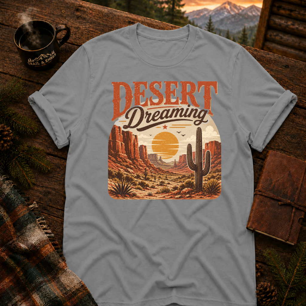 Sport Grey Gildan 64000 t-shirt with Desert Dreams graphic — Trail & Ember Co. outdoor apparel