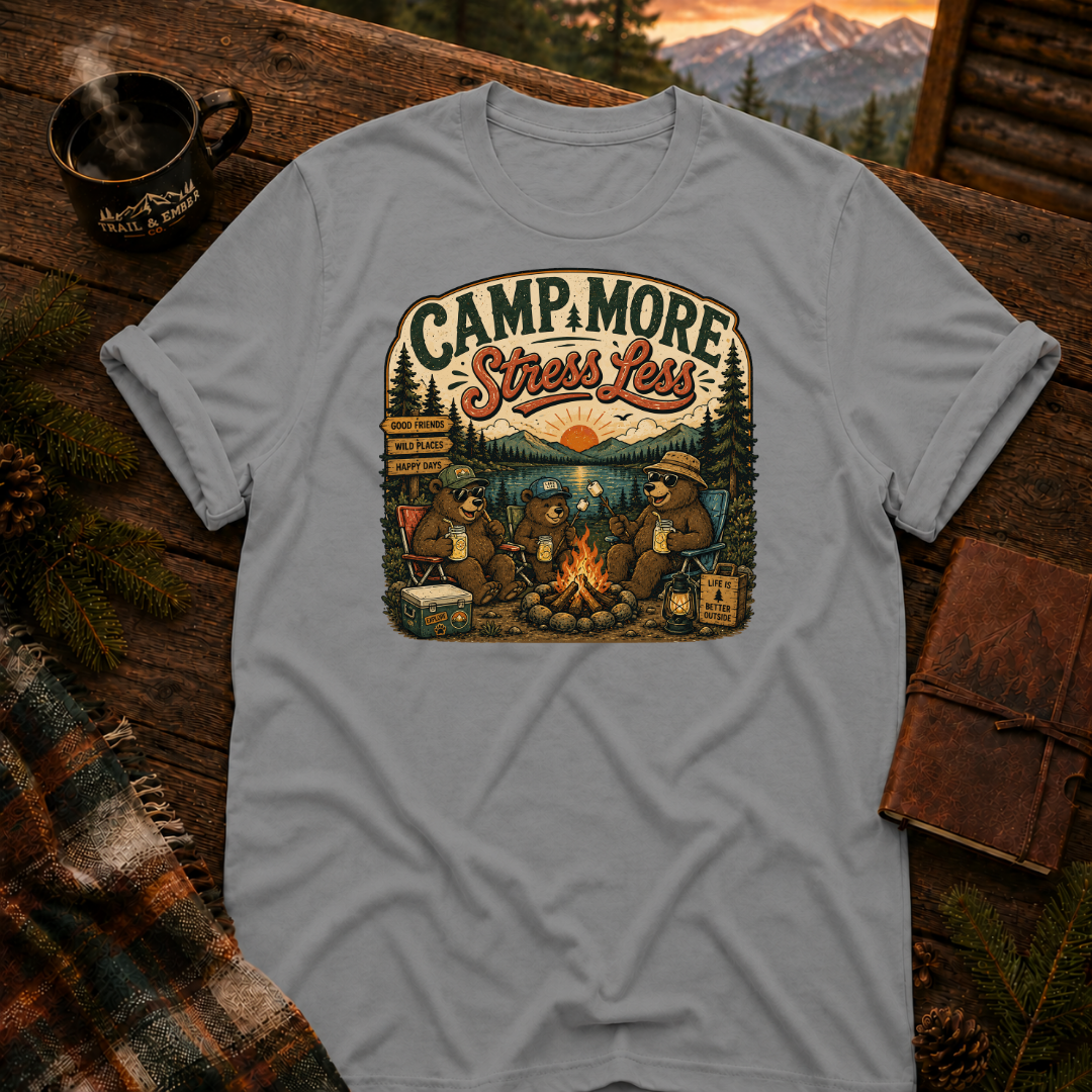 Sport Grey Gildan 64000 t-shirt with Camp More Stress Less graphic — Trail & Ember Co. outdoor apparel