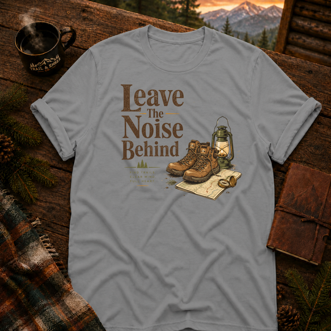 Sport Grey Gildan 64000 t-shirt with Leave the Noise Behind graphic — Trail & Ember Co. outdoor apparel