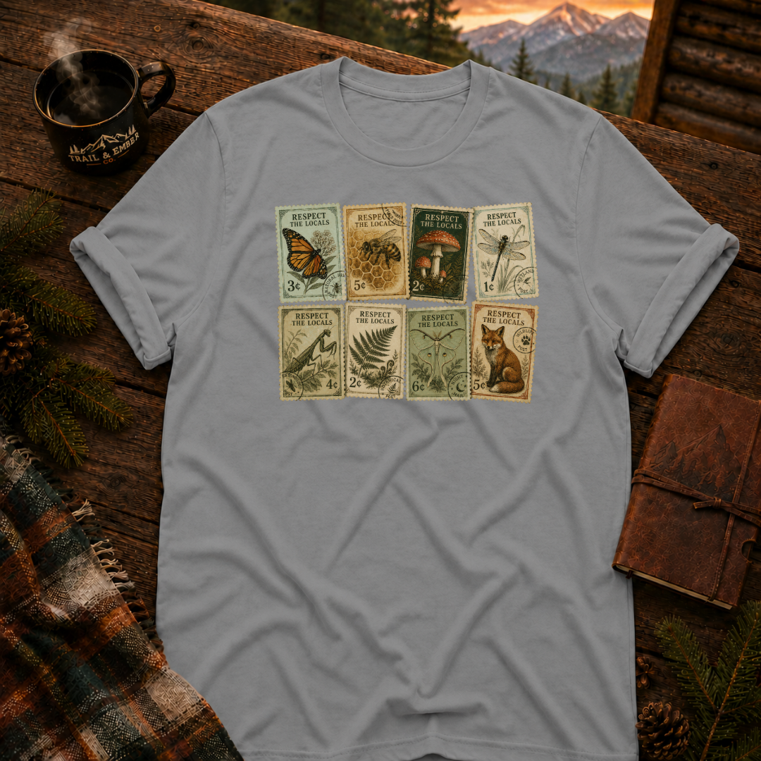 Sport Grey Gildan 64000 t-shirt with Respect the Locals Vintage Stamps graphic — Trail & Ember Co. outdoor apparel