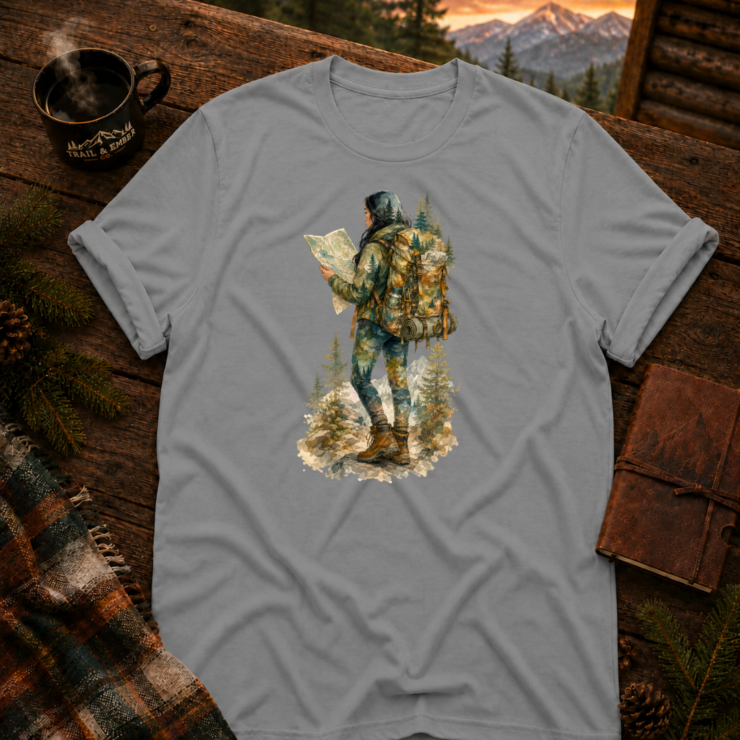 Sport Grey Gildan 64000 t-shirt with Woman Hiker graphic — Trail & Ember Co. outdoor apparel