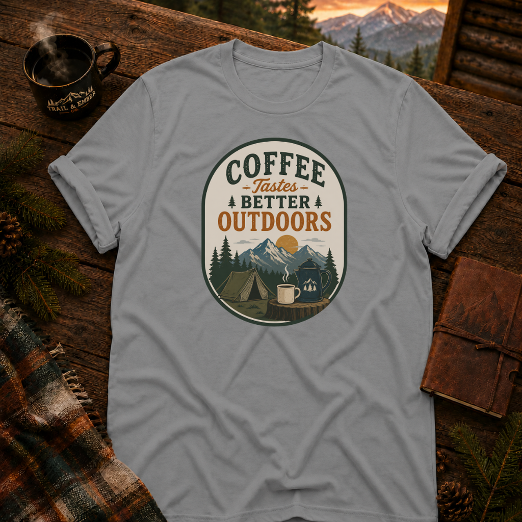 Sport Grey Gildan 64000 t-shirt with Coffee Tastes Better Outdoors Badge graphic — Trail & Ember Co. outdoor apparel