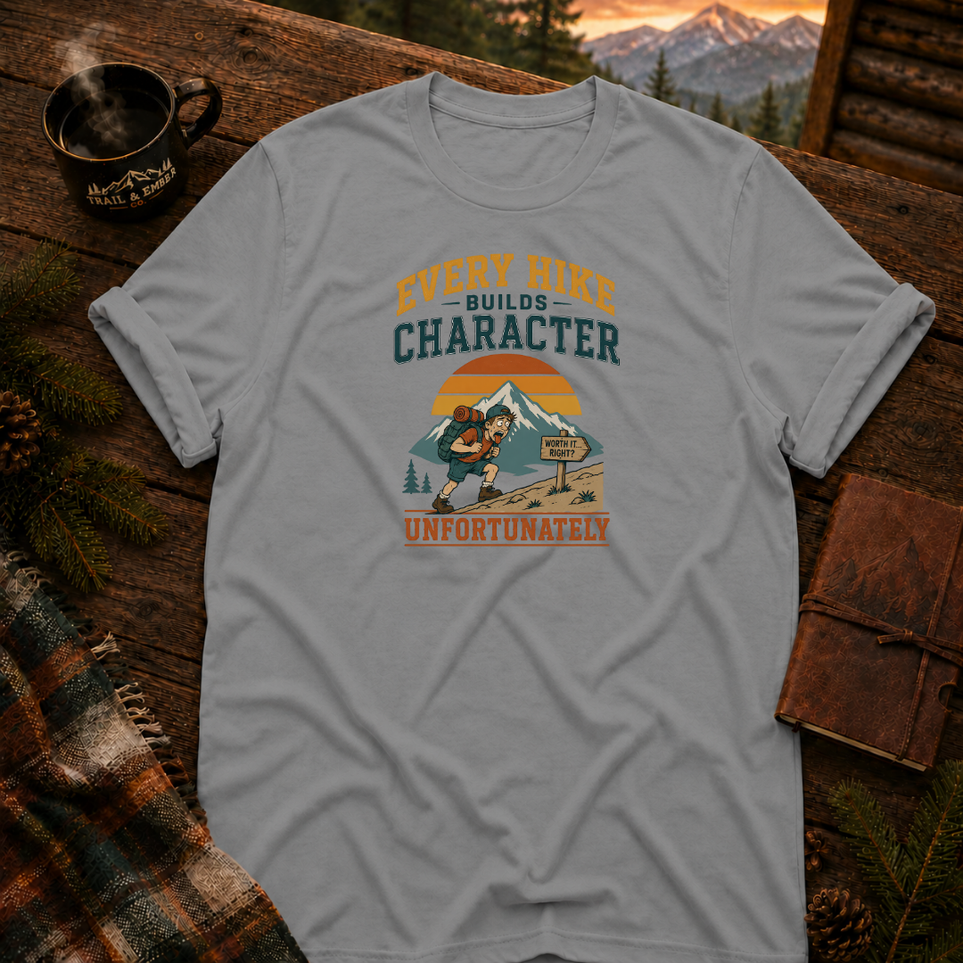 Sport Grey Gildan 64000 t-shirt with Every Hike Builds Character Unfortunately graphic — Trail & Ember Co. outdoor apparel