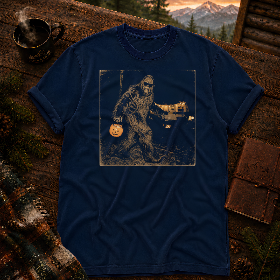 True Navy Comfort Colors 1717 t-shirt with vintage Bigfoot Halloween trail cam design — Trail & Ember Co.