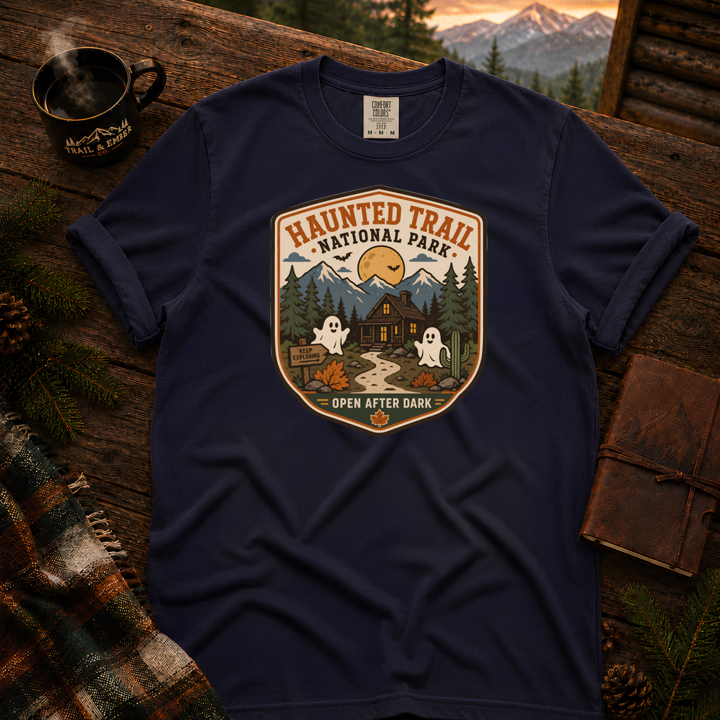 Haunted Trail National Park t-shirt in True Navy — vintage Halloween badge design