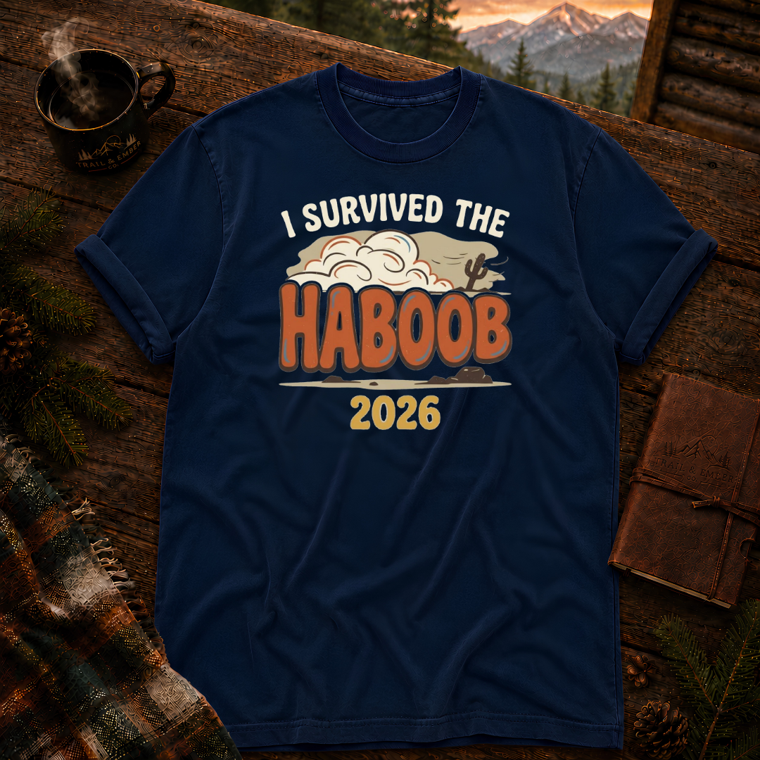 I Survived the Haboob tee in True Navy — Arizona dust storm design on garment-dyed Comfort Colors cotton