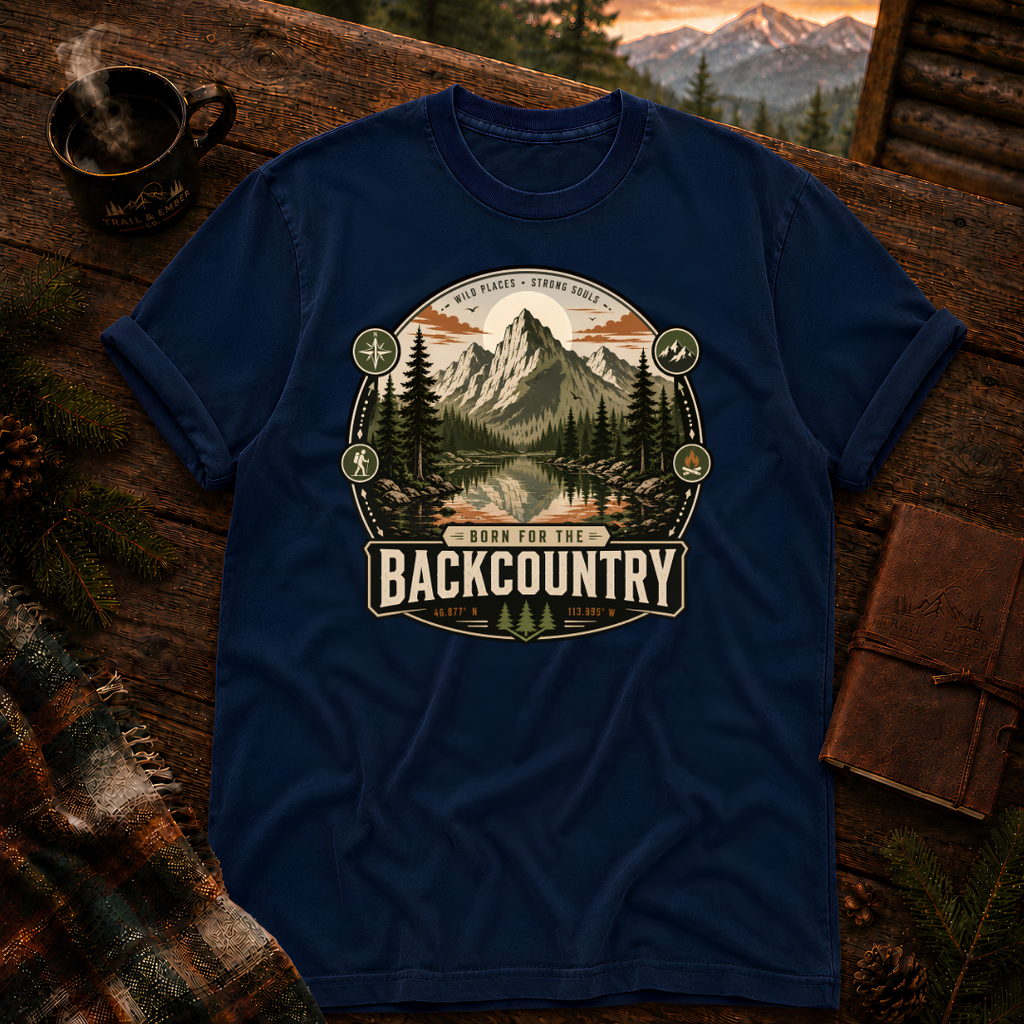 True Navy Comfort Colors 1717 t-shirt with Born for the Backcountry design — Trail & Ember Co.