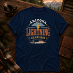 True Navy Comfort Colors t-shirt with Arizona Lightning Club storm-watching design — Trail & Ember Co.